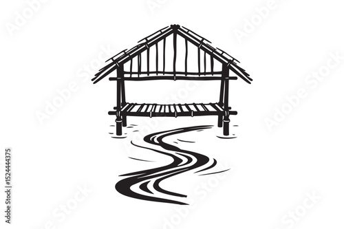 Traditional Bamboo Hut with River Path Minimal Asian Line Art Drawing