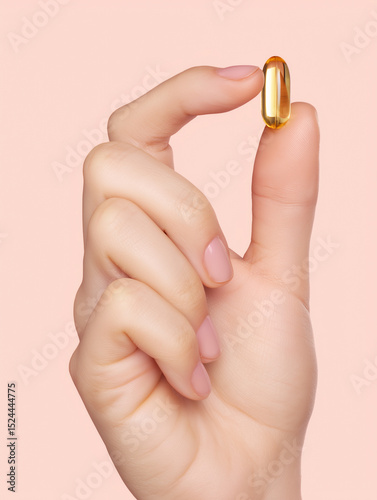 Female hand holding Omega-3 fish oil capsule. Isolated on pink background.