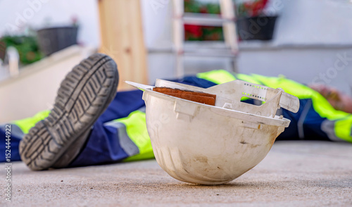 Construction worker lying unconcious after a workplace accident. Ppe for Safety at work.