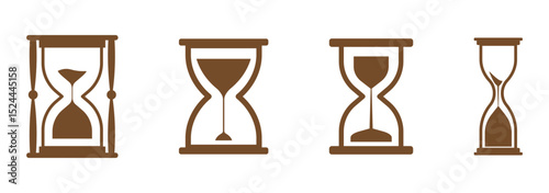 Sand watch icon set. Hourglass symbol. Sandglass logo. Flat vector illustration. Minimalist black silhouette of an hourglass with flowing sand on a white background