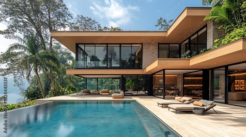 Fototapeta premium Modern house with pool and lake view