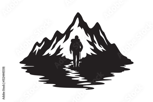Silhouette Hiker with Mountain Reflection Vector Art