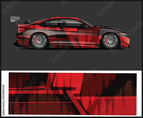 Red and Black Abstract Car Wrap Design for Racing