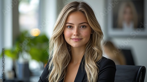 Free Download Confident young woman with long blonde hair, wearing a black blazer, smiles gently at the camera in an office setting - GFXLoad