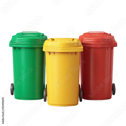 Colorful waste bins for recycling and garbage disposal in green, yellow, and red with wheels suitable for outdoor and indoor use in urban settings