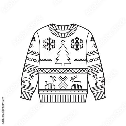 Single doodle Christmas sweater with snowflakes print in black and white colors Isolated on white