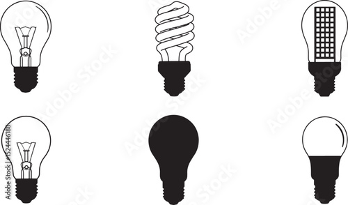 Comprehensive Black Silhouette Vector Collection of Modern Light Bulbs