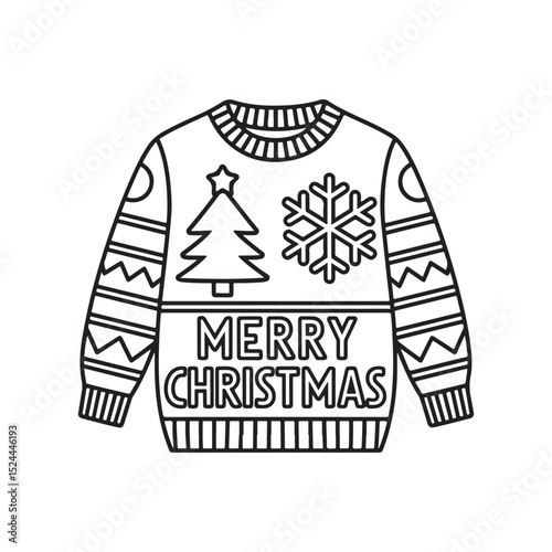 Single doodle Christmas sweater with snowflakes print in black and white colors Isolated on white