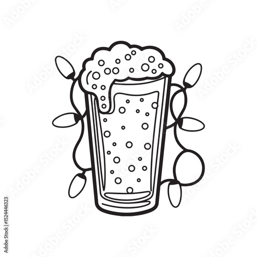Engraving hand drawn beer glass mug with foam and hop plant