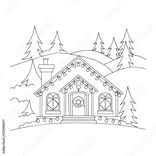 Christmas house in the winter forest fir trees and a snowman coloring page