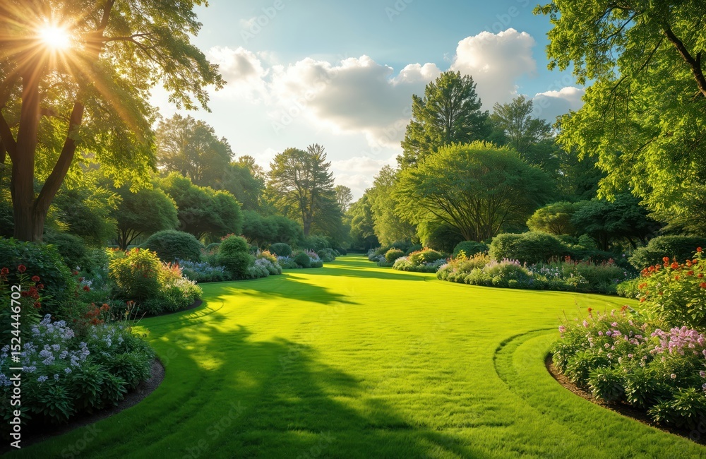 Naklejka premium Scenic view of well-kept garden on sunny spring day. Green grass, trees, flowers create relaxing atmosphere. Idyllic landscape for background. Fresh outdoors, calm vibes. Nature park, residential