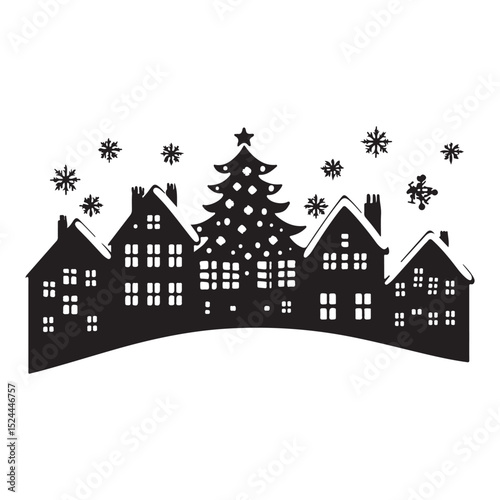Christmas tree balls with bows on pine branch vector graphic frame black