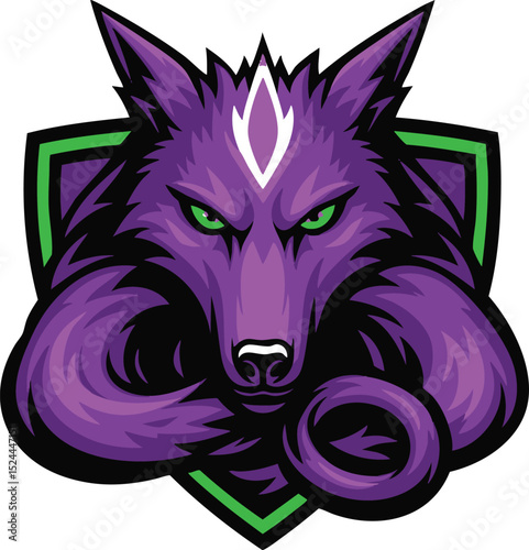 Angry Purple Wolf Head Emblem with Green Shield