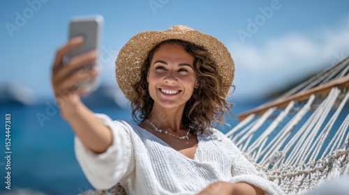 A smiling woman enjoys a sunny day on the beach while taking a selfie, embodying the spirit of summer and relaxation in a picturesque seaside setting filled with joy.