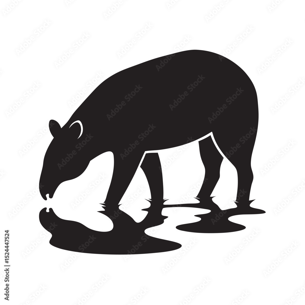 Fototapeta premium Tapir Drinking From Jungle Stream Silhouette Vector