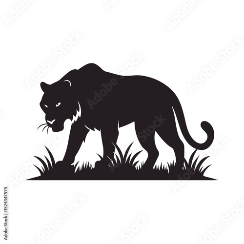 Tiger Stalking Prey In Grass Silhouette Vector Illusstration