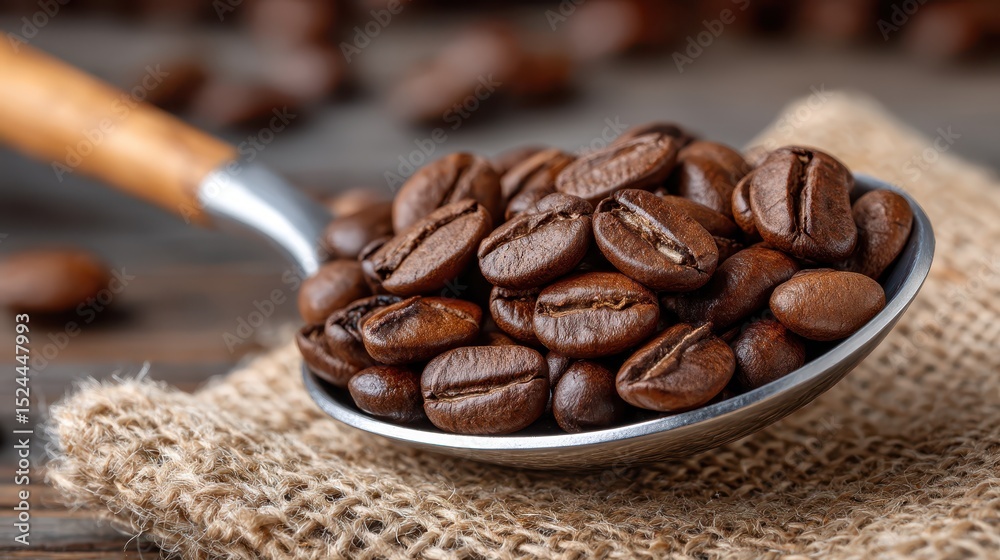 Fototapeta premium An antique spoon filled with fresh coffee beans evokes feelings of warmth and familiarity, illustrating the beauty and simplicity of daily coffee rituals and their cultural significance.