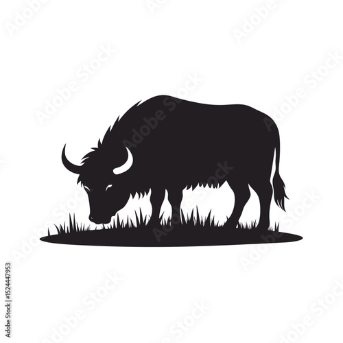 Yak Grazing In Highland Meadow Silhouette Vector
