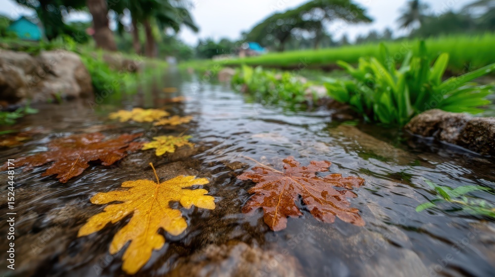 Obraz premium Capture the essence of autumn with this striking image of colorful leaves floating on a gentle stream in a lush and vibrant natural setting filled with greenery.