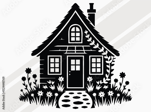 Cozy Cottage Silhouette Art Print for Rustic and Nature Inspired Home Decor, Cottage SVG, House SVG