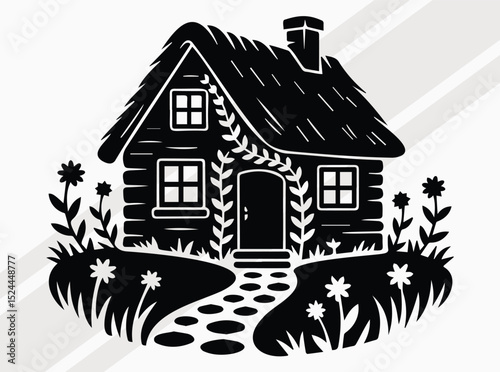 Cozy Cottage Silhouette Art Print for Rustic and Nature Inspired Home Decor, Cottage SVG, House SVG