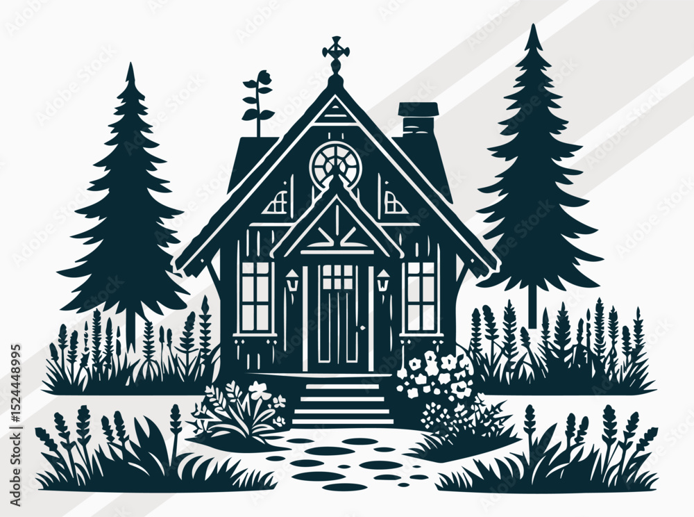 Obraz premium Cozy Stone Cottage with Arched Window and Lush Garden Path