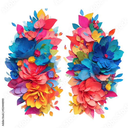 Colorful Floral Arrangement with Various Petals and Leaves Created from Paper in Vibrant Tones of Blue, Pink, and Yellow for Artistic Decoration