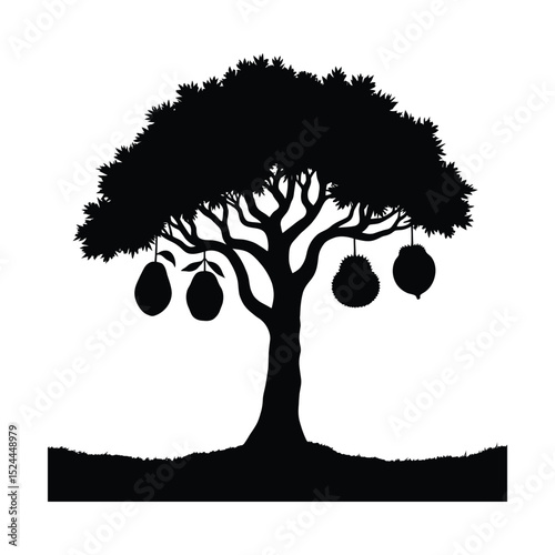 Silhouette illustration of a fruit tree bearing tropical fruits against white background