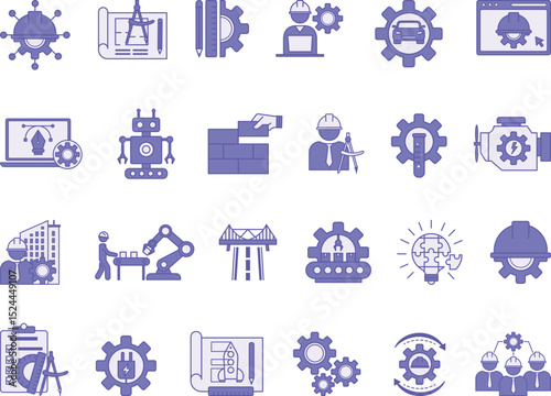 Colored Engineering Icon Set. Vector Illustrations Engineer, Construction, Drawing, Manufacturing, Mechanical Engineering, Design, Robotics, IT Engineering, Architect, Electrical, and More