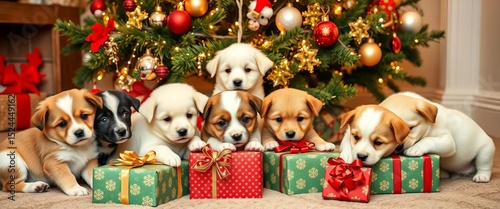 Adorable Christmas puppies of various breeds playing with gifts under a decorated tree,  xmas,  holiday
