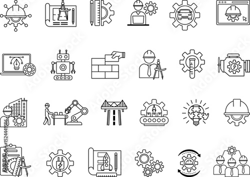 Engineering Icon Set. Vector Illustrations Engineer, Construction, Drawing, Manufacturing, Mechanical Engineering, Design, Robotics, IT Engineering, Architect, Electrical, and More