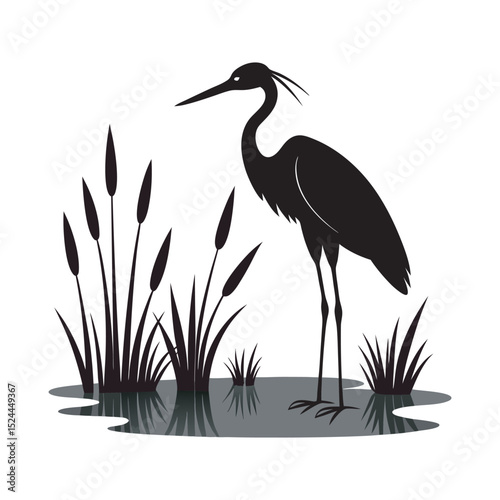 Heron Standing In Still Marsh Silhouette Vector