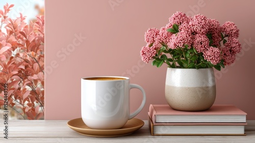 Wallpaper Mural An aesthetic coffee setup with a stylish cup, pink flowers, and neatly stacked books creates an inviting scene ideal for relaxation, reflection, and enjoyment of peaceful moments. Torontodigital.ca