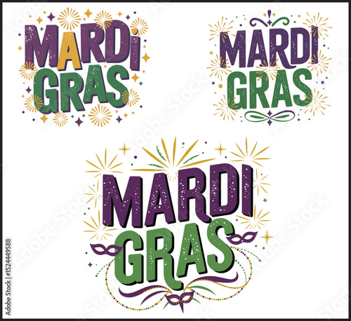 Mardi Gras Colorful Typography Celebration - Festive Lettering Vector Set