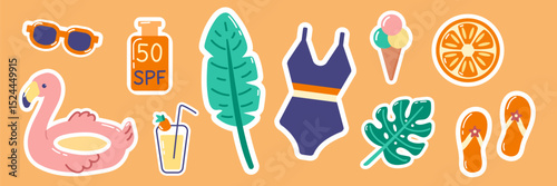 Set of summer stickers. Cute beach elements including flamingo, monstera, spf, ice cream and sunglasses.