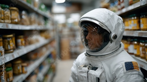 An astronaut stands thoughtfully in a grocery store aisle, juxtaposing the vastness of space with everyday human activities, inviting reflections on life, choices, and existence.