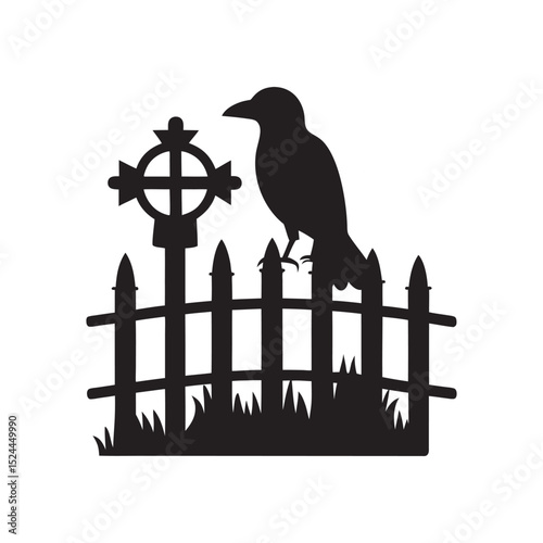 Crow Perched On Cemetery Fence Silhouette Vector Illustration