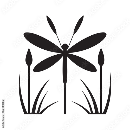 Dragonfly Hovering Above Pond Reeds Vector Silhouette