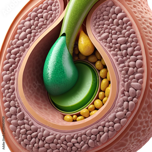 Gallbladder cutting showing gallstones obstructing bile duct on medical background. 3d illustration