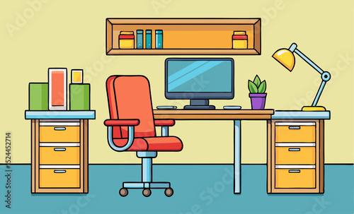 vector illustration of a office desk and computer with lamp and documents jpg