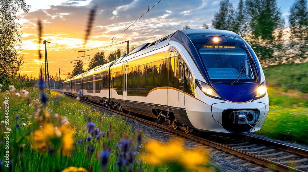 Fototapeta premium High-speed train traveling through countryside