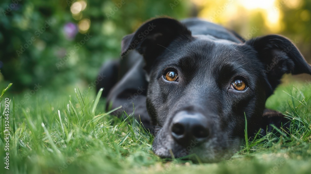 A black dog lies peacefully on lush green grass, enjoying the warm sunlight in a serene garden setting. The dog's eyes reflect curiosity and calmness A black dog lies peacefully on lush green grass, enjoying the warm sunlight in a serene garden setting. The dog's eyes reflect curiosity and calmness