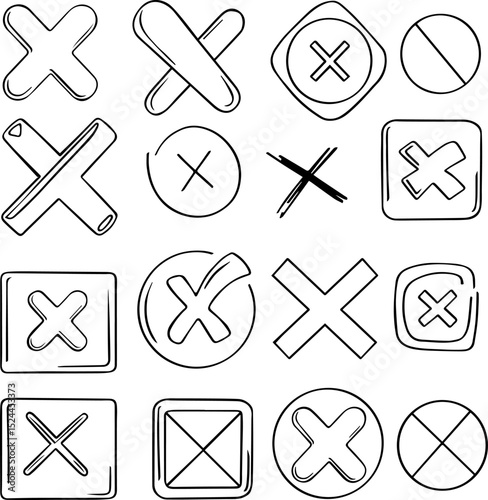 Vector set icons of abstract cross mark. Hand drawn rounded and curved grunge pointers. Isolated ink, fine drawn lines, elements for design.