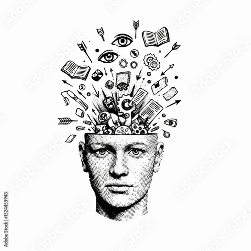 Surrealistic black and white vector illustration of a human head exploding into symbolic fragments such as eyes, arrows, gears and manuscripts. Dotted style with collage aesthetics.