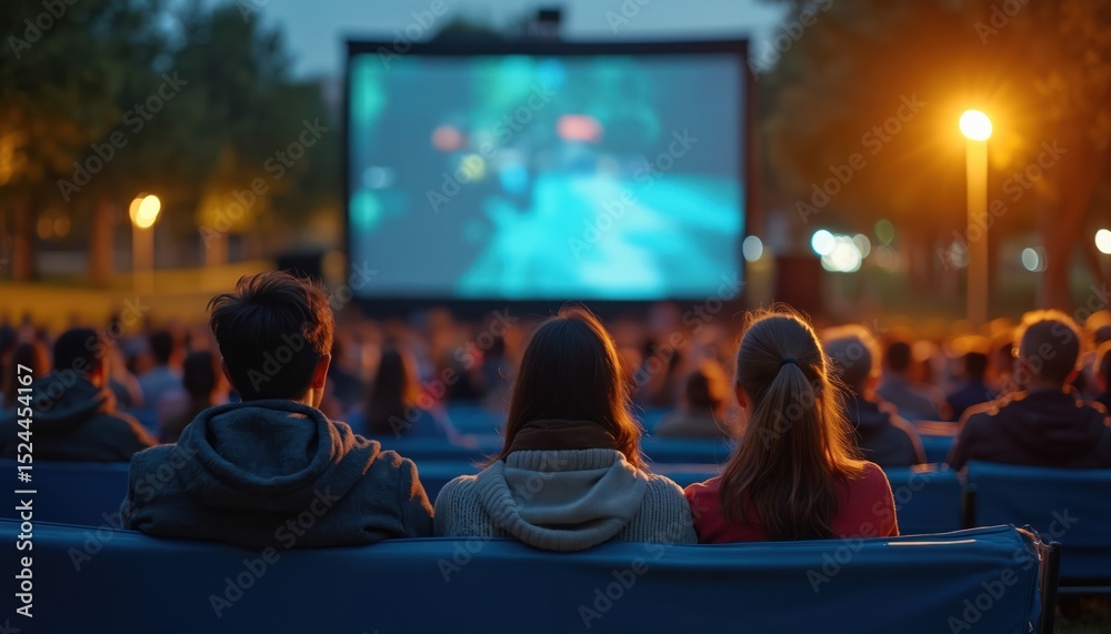 © Pete - People watch movie outdoors at night in park. Audience enjoys cinema screening, open air event. Leisure, entertainment in city. Crowd seated, back view. Summer night, dusk. Urban lifestyle, community. © Pete - People watch movie outdoors at night in park. Audience enjoys cinema screening, open air event. Leisure, entertainment in city. Crowd seated, back view. Summer night, dusk. Urban lifestyle, community.