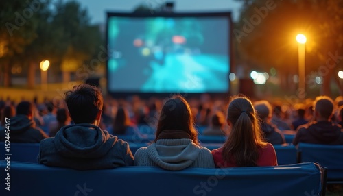 People watch movie outdoors at night in park. Audience enjoys cinema screening, open air event. Leisure, entertainment in city. Crowd seated, back view. Summer night, dusk. Urban lifestyle, community.