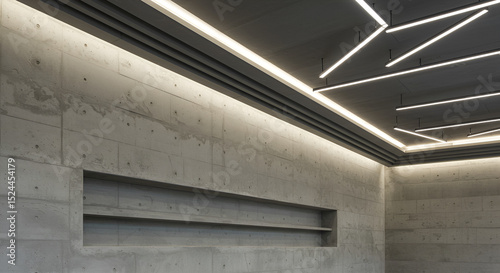 “Textured concrete wall with recessed shelving, paired with a layered ceiling design that features soft LED underlighting and suspended geometric fixtures.” photo
