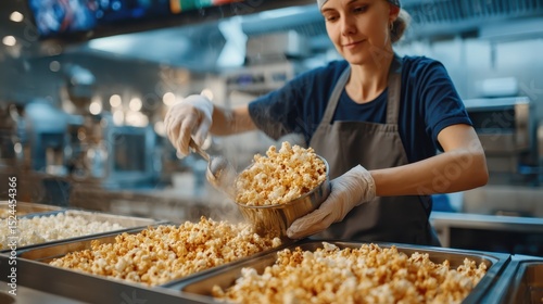 An employee carefully fills a bowl with fluffy popcorn, highlighting the process of making snacks in a bustling, vibrant concession stand environment. photo
