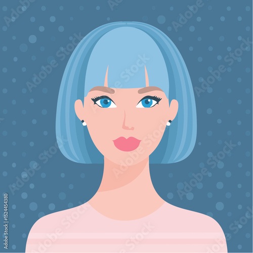 Portrait of a Girl With Blue Hair and blue Eyes, Pink Nails and Lips Covering Her Eye and Nose