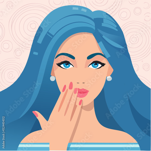 Portrait of a Girl With Blue Hair and blue Eyes, Pink Nails and Lips Covering Her Eye and Nose